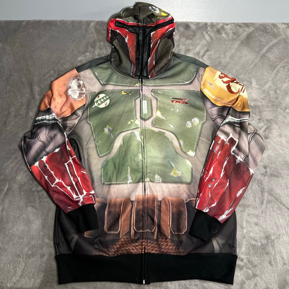NWT Star Wars Boba Fett Full Zip Mask Hoodie XL All Over Print Costume